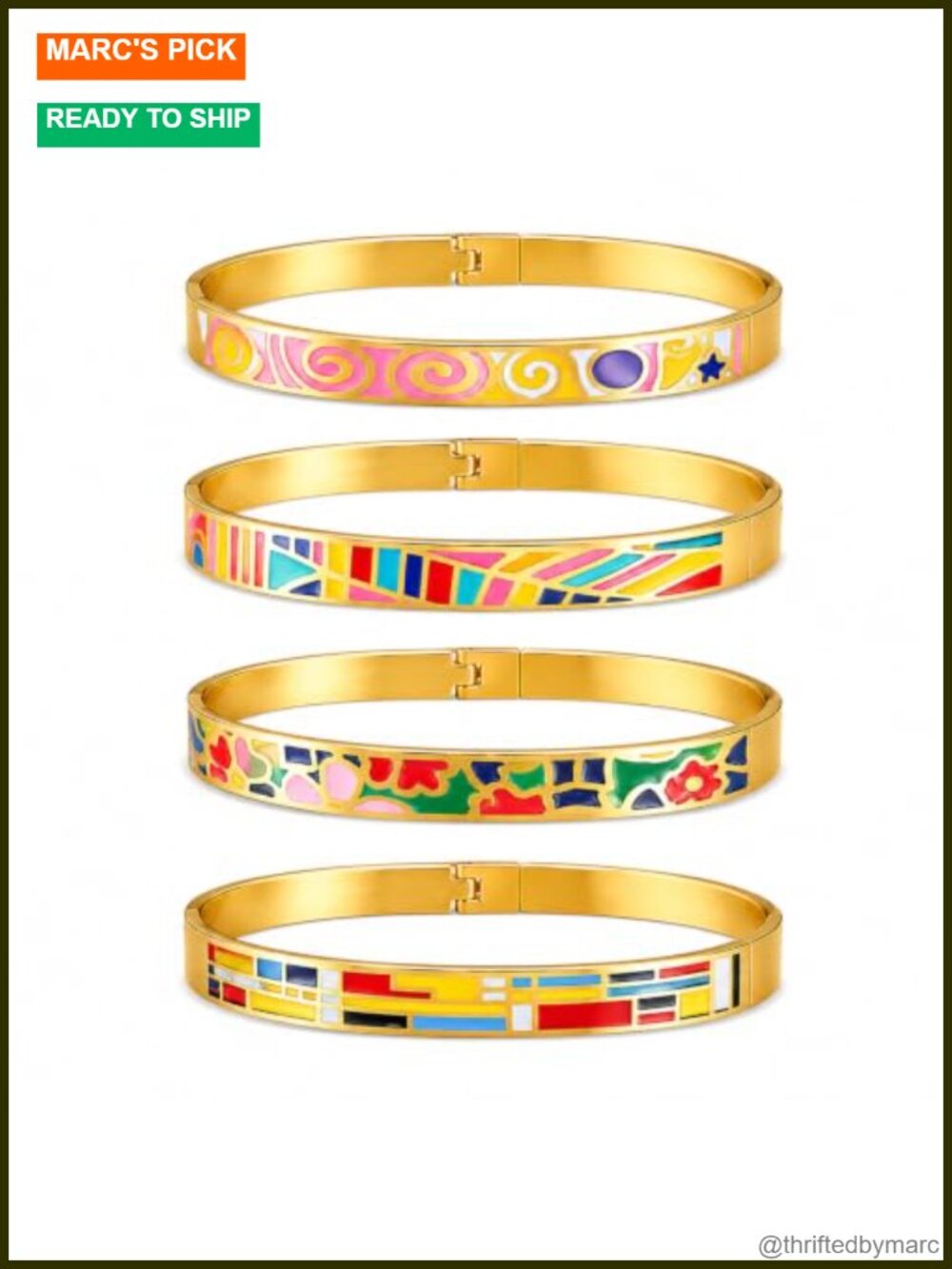 18K Gold Plated Stainless Steel Enamel Bangle Bracelet Set Stackable Floral